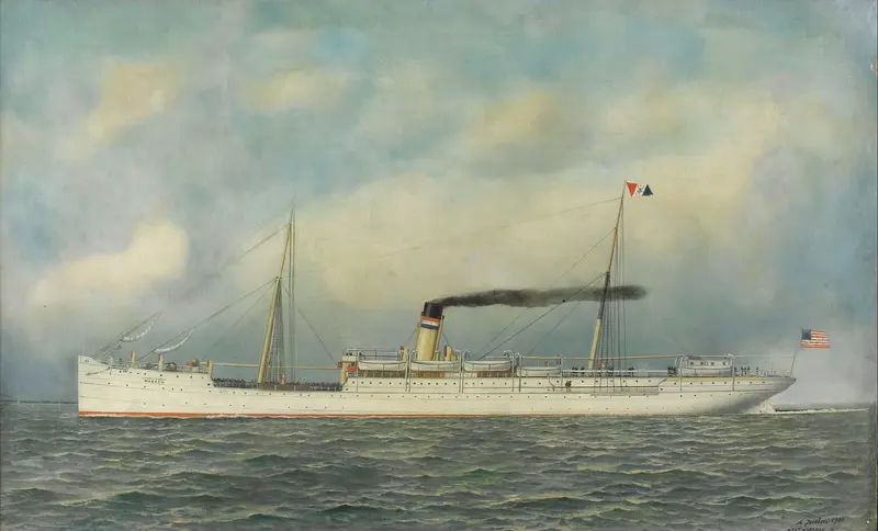 A ship with a crisp silhouette glides across a choppy green sea under a vast sky.