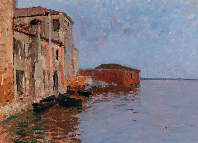 Impressionist landscape by Alfred Zoff depicting twilight over Chioggia's rooftops and water.
