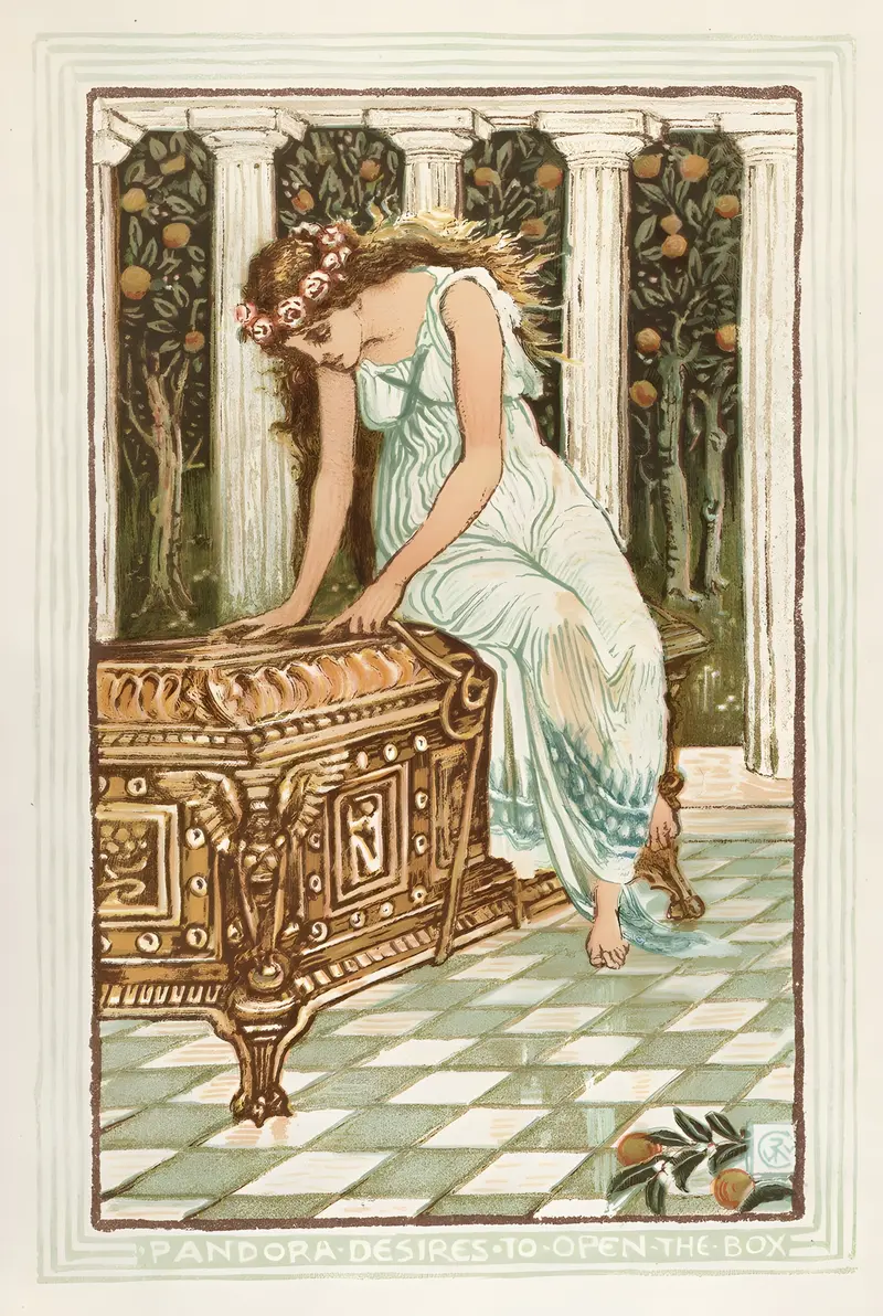 Walter Crane's painting depicts Pandora's curiosity and desire to open the box.