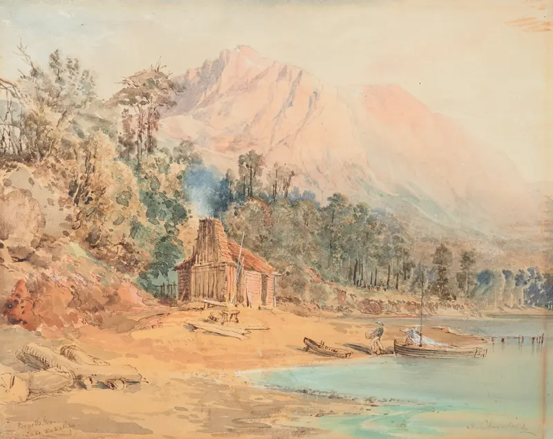 Bennell’s Store, Lake Wakatipu, oil on canvas by Nicholas Chevalier, featuring a store with mountains and a lake.