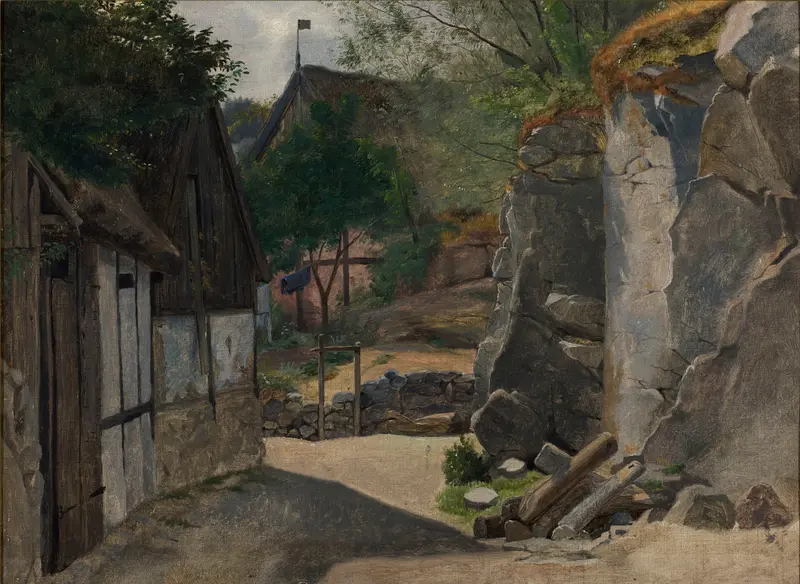 Landscape with cliffs and shimmering water, oil painting by Otto Haslund