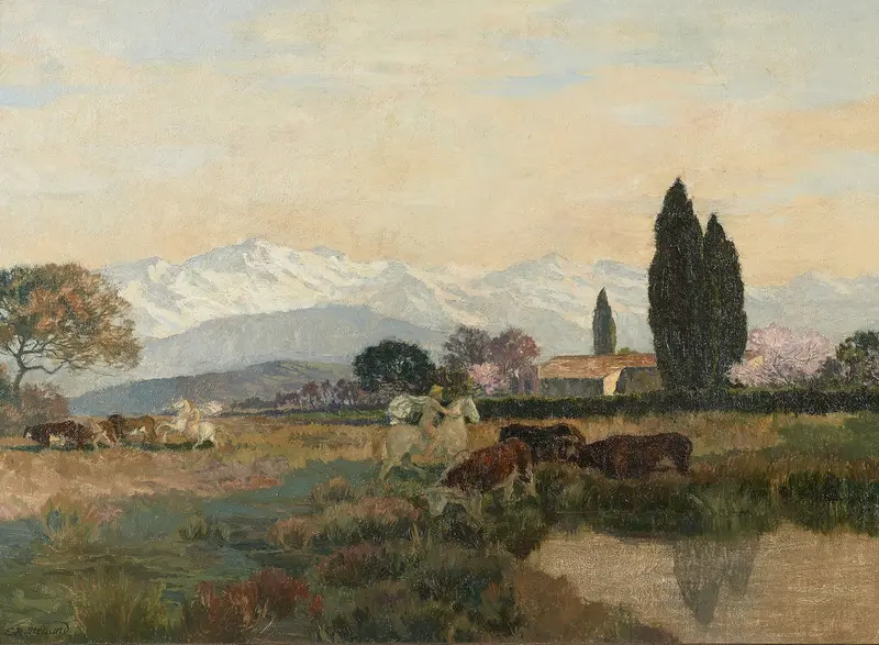 Landscape with antique cavaliers and horses, oil on canvas by Émile-René Ménard