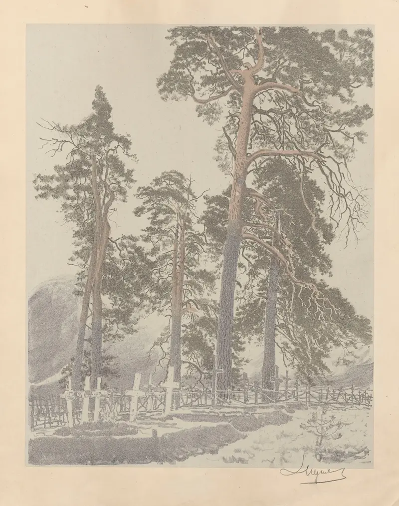 Cemetery in Vowchick, oil on canvas by Leon Wyczółkowski, featuring gravestones and trees.