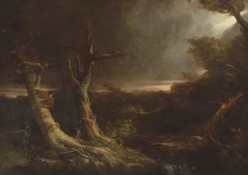 Tornado in an American forest, oil painting by Thomas Cole