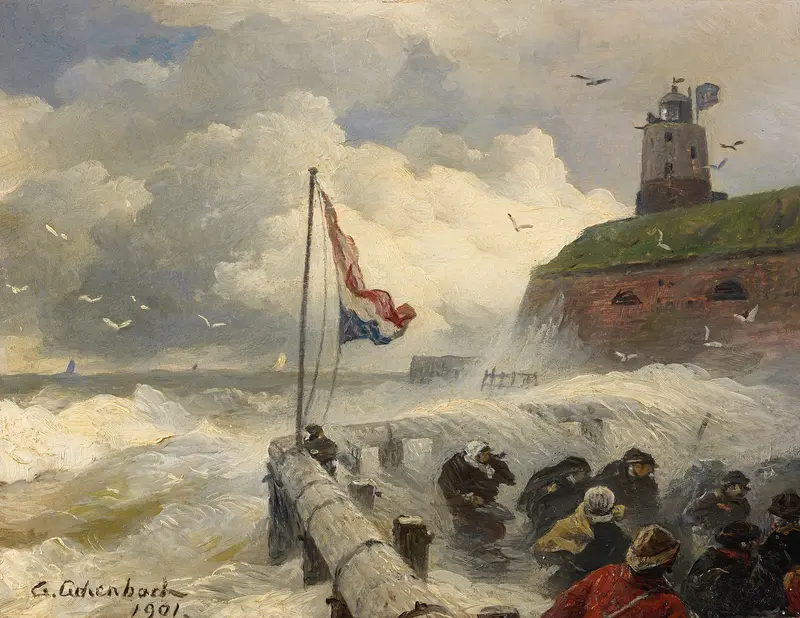 Oil painting by Andreas Achenbach depicting tumultuous waves crashing against a rocky mole