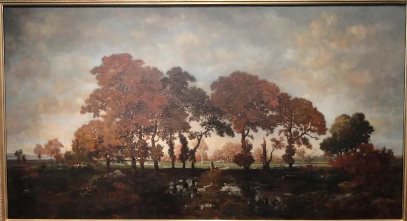 Landscape with lush foliage and rain droplets, oil painting by Théodore Rousseau