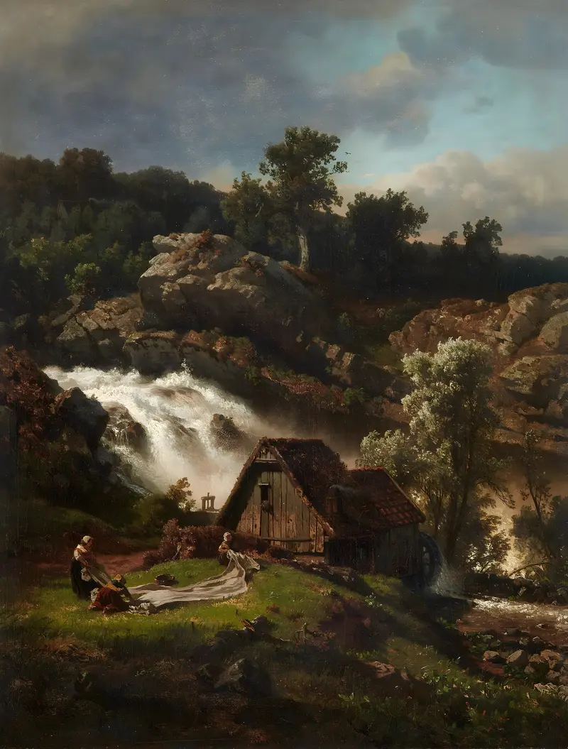 Norwegische Wassermühle by Andreas Achenbach, oil painting of a watermill in a Norwegian landscape.