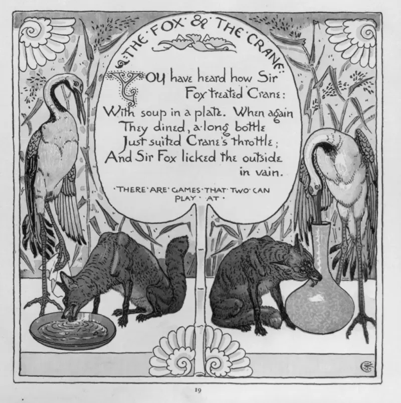 A whimsical illustration depicting a fox and a crane sharing a meal.