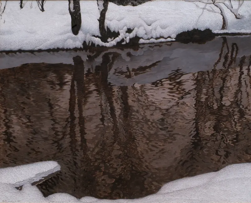 Running Water by Gustaf Fjæstad, oil painting depicting a serene landscape with cascading water.