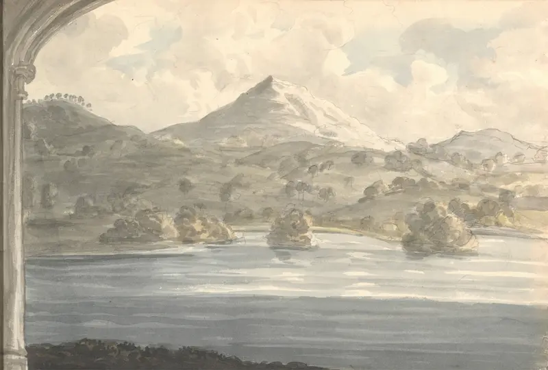 Watercolour by Anne Rushout depicting a landscape with trees and a castle at twilight.