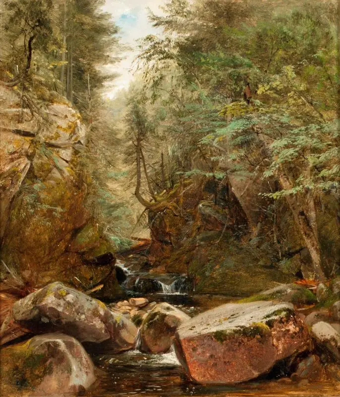 A serene landscape depicting a stream flowing through a rocky gorge, surrounded by lush greenery and dappled light.