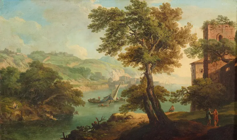 A mountainous river landscape with fishermen, oil painting by Paolo Anesi