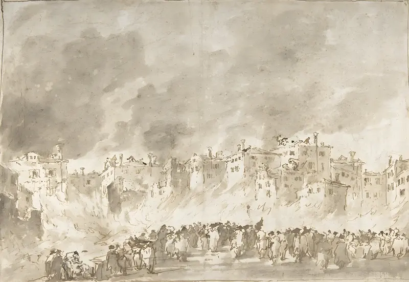 Francesco Guardi's 'The Fire at San Marcuola' depicts a dramatic scene of a fire in Venice.