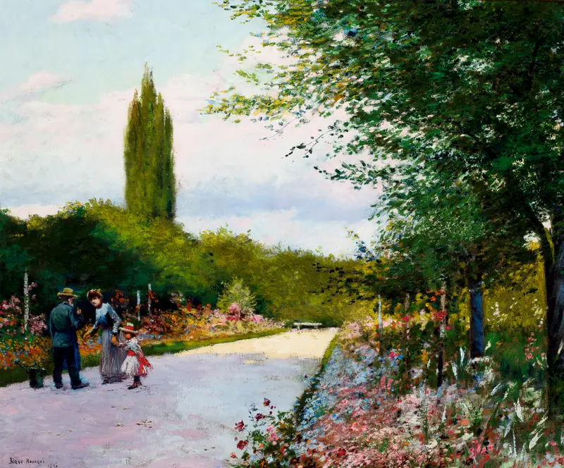 Oil painting by Józef Rapacki depicting a couple in a garden surrounded by flowers and sunlight.