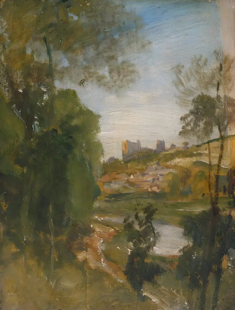 A picturesque view of Guildford from the banks of the River Wey, showcasing the town's castle and lush surroundings.