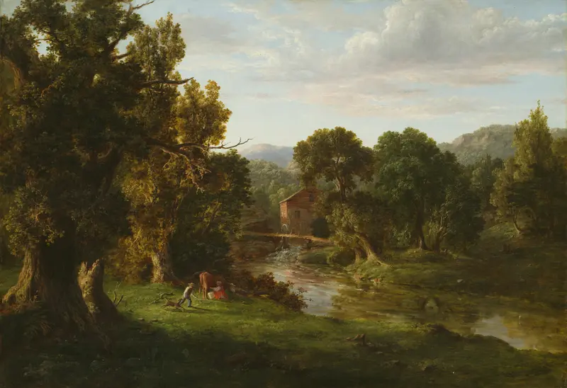 The Old Mill by George Inness, oil painting depicting a rustic mill surrounded by trees and foliage.