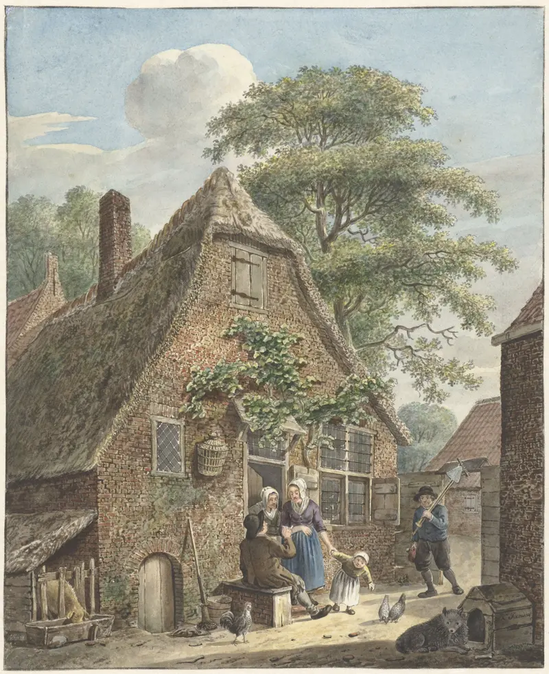 Gezin voor een boerenwoning by Johannes Christiaan Janson, depicting a family outside a farmhouse in an unknown medium.