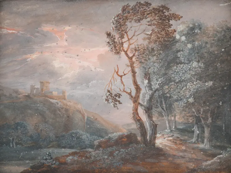Landschaft by Johann Christian Brand, oil painting depicting green hills and blue skies.