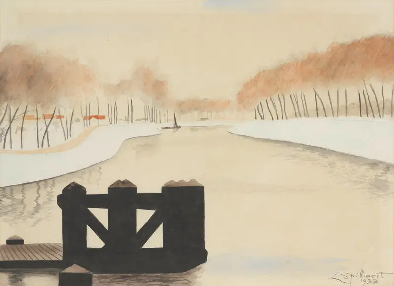 A serene landscape painting by Léon Spilliaert depicting a creek in Zandvoorde.