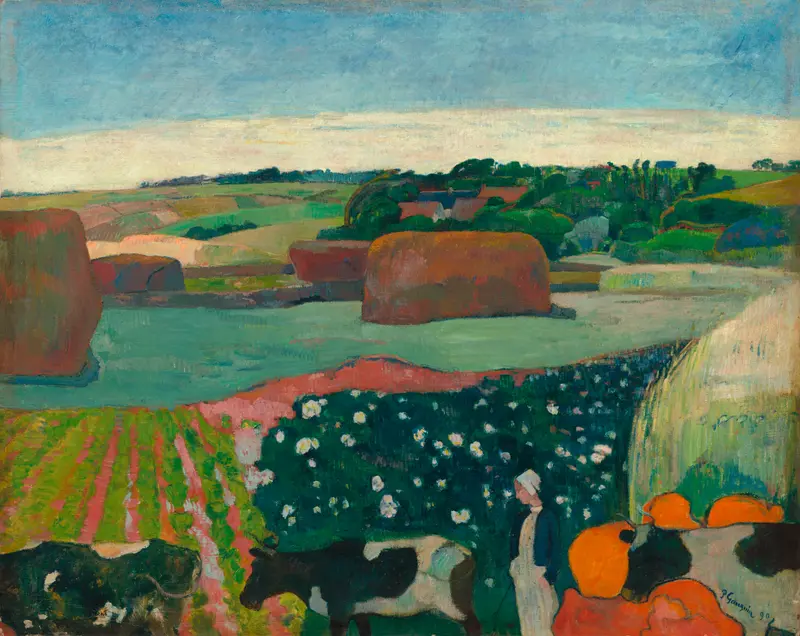 Haystacks in Brittany by Paul Gauguin, oil painting depicting a rural landscape with golden light.