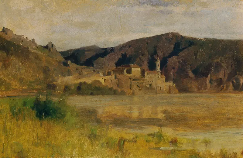 Landscape of Dürnstein village by Johann Till the younger, oil on canvas