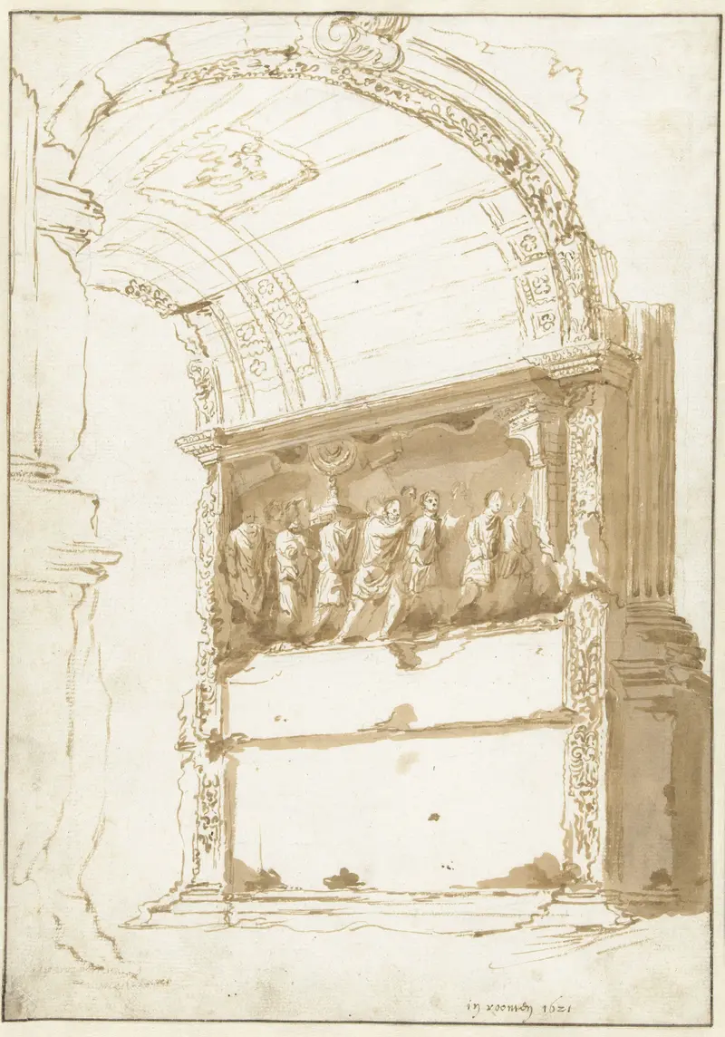 De boog van Titus by Cornelis van Poelenburch, oil painting depicting an ancient arch under a sunset sky.