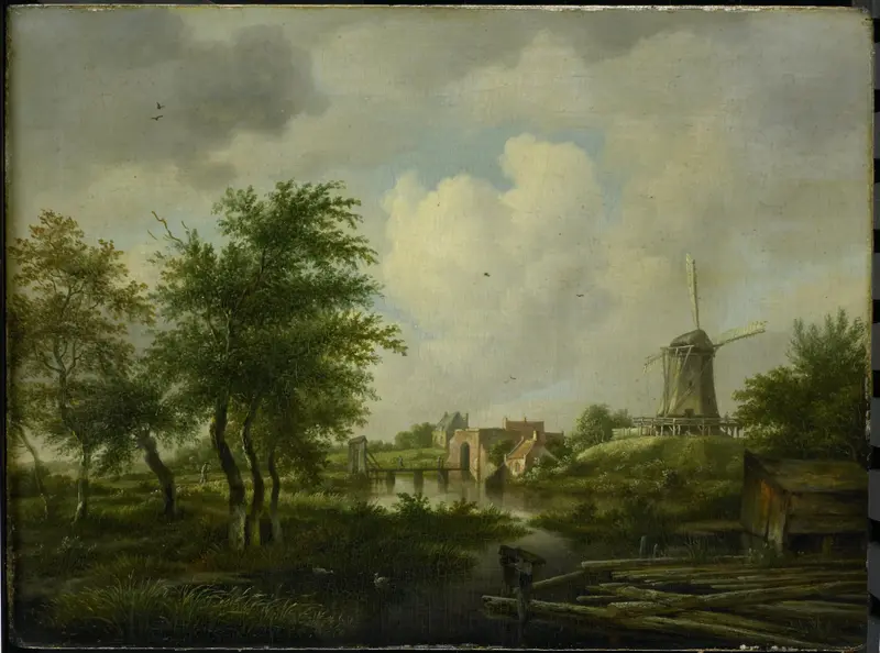 Landscape with ruins and cityscape by Jan Hulswit, oil painting