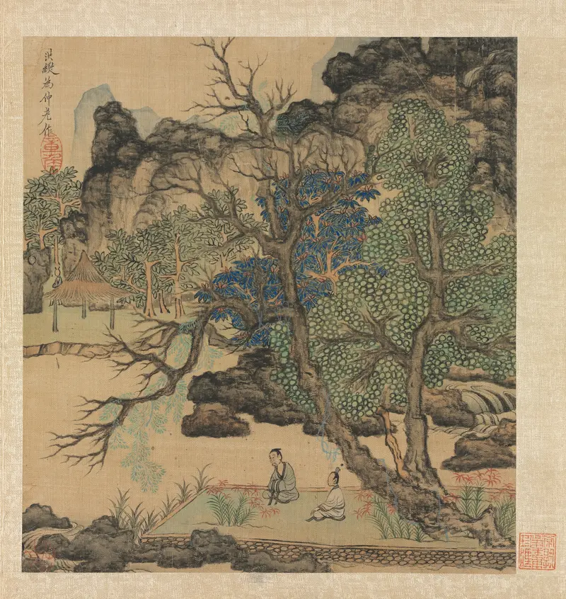 Scholars discussing scrolls in a garden, ink on paper by Chen Hongshou