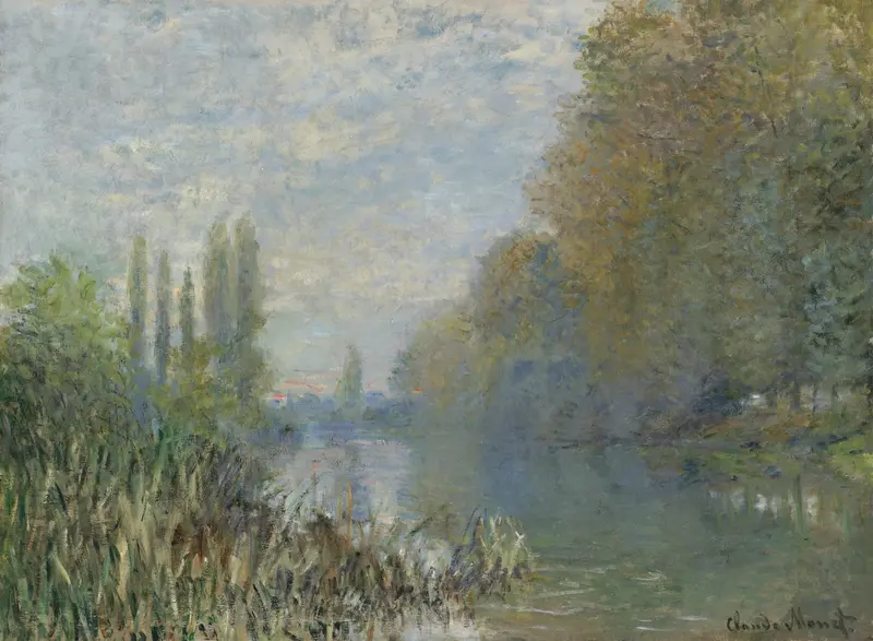 Bords De La Seine En Automne by Claude Monet, oil painting depicting autumn foliage and river reflections.