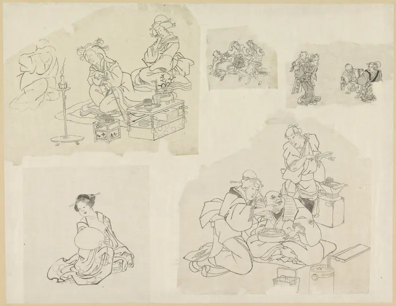 Ukiyo-e by Katsushika Hokusai depicting people in various situations.