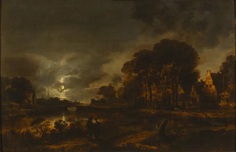 Moonlight Landscape by Aert van der Neer, oil painting of a serene night landscape.