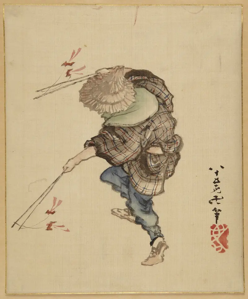 A lively figure dances with paper birds, capturing a moment of joy.