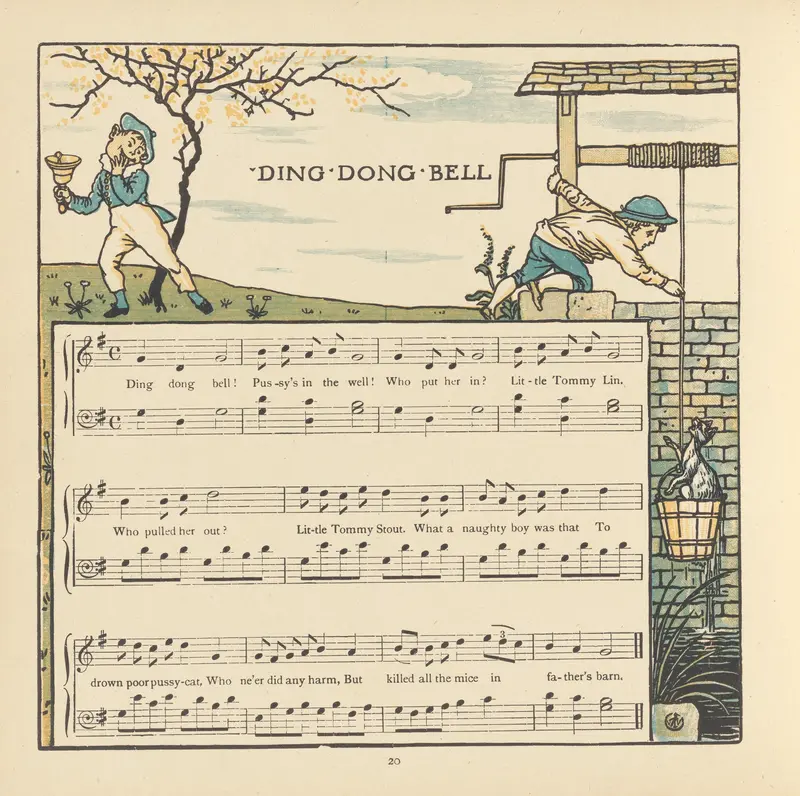 Walter Crane's 'Ding Dong Bell' captures a whimsical scene with vibrant colors.