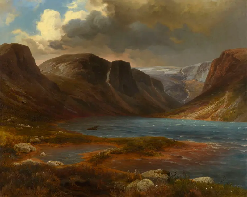 A dramatic landscape of Loch Avon with mountains, water, and a single bird under a cloudy sky.