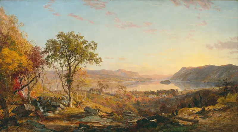 Indian Summer by Jasper Francis Cropsey, oil painting depicting autumn foliage and a cool blue sky.