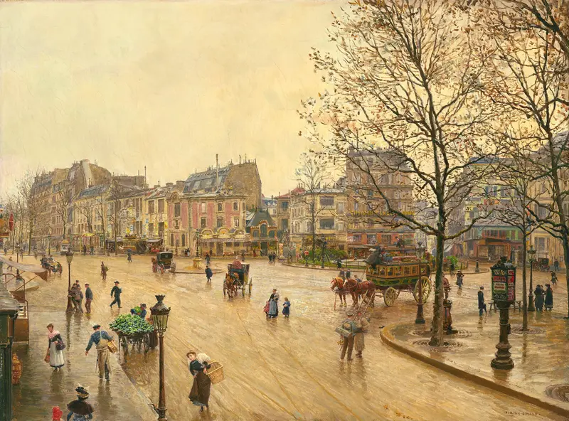 La place Pigalle by Marie-François Firmin-Girard, oil on canvas depicting urban landscape with flowers.