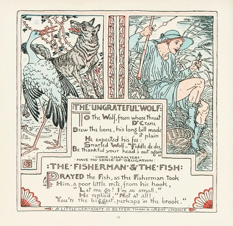 This painting depicts a wolf, a fisherman, and a fish in a narrative scene.
