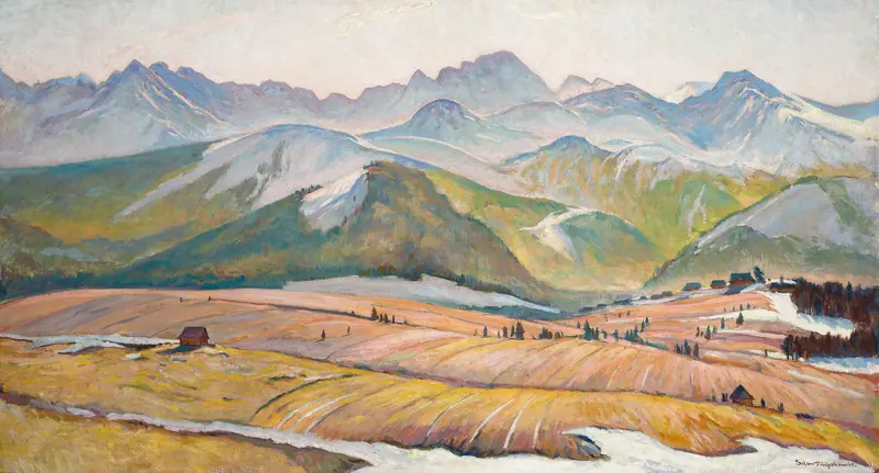 Landscape of Tatra Mountains with snow peaks, oil painting by Stefan Filipkiewicz