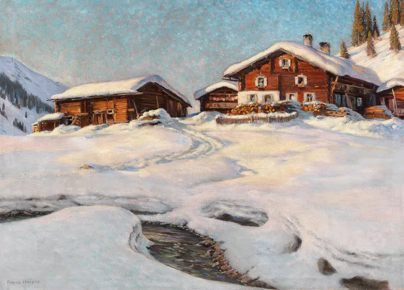 Winter landscape near Davos, oil on canvas by Franz Holper, featuring snow-covered mountains and a tranquil valley.