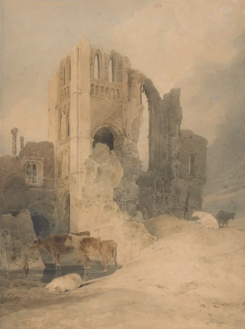 Castle Acre Priory by John Sell Cotman, oil painting depicting ancient stone arches