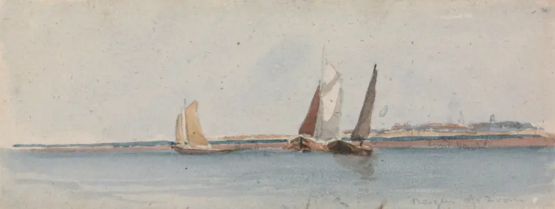 Watercolour by David Cox depicting a landscape of Bergen op Zoom with a shimmering river.