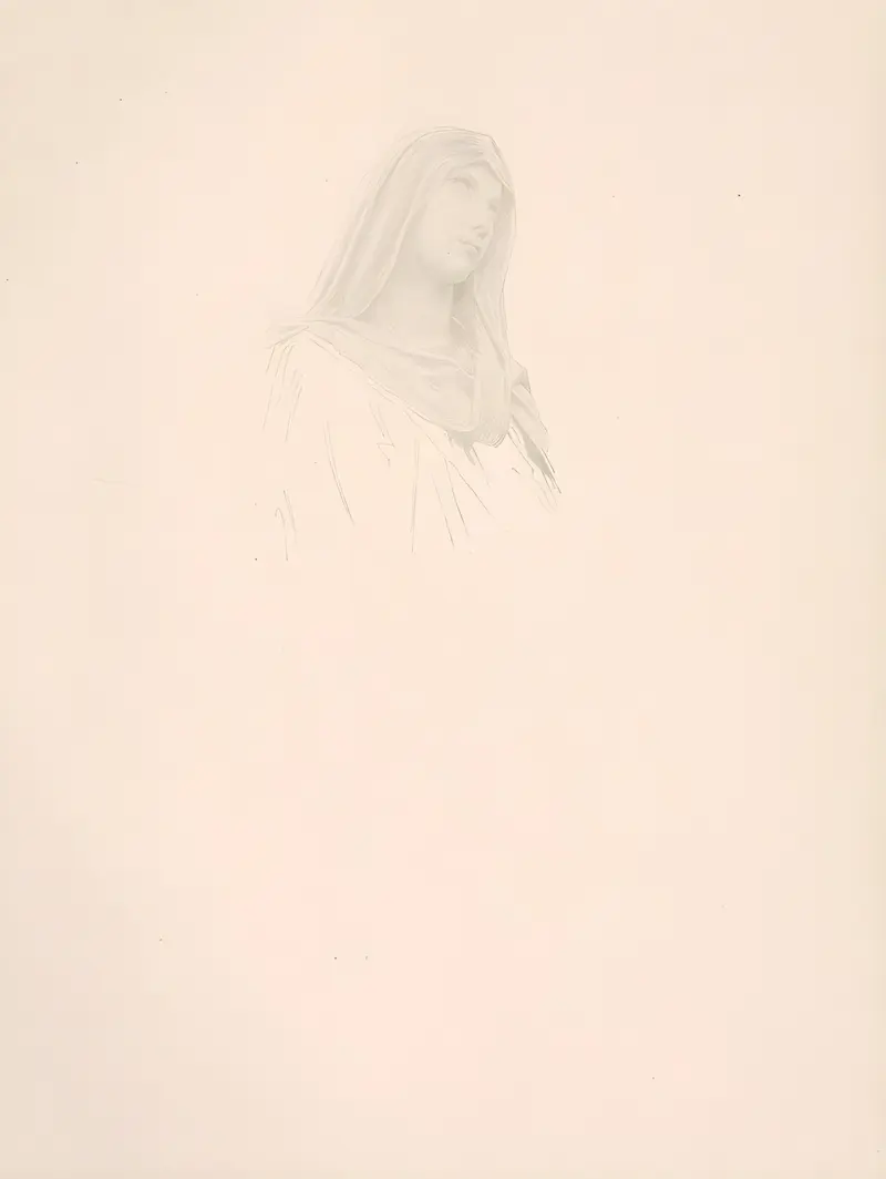 William Bouguereau's 'Ètude de tète de vierge' captures a serene expression of the Virgin Mary.