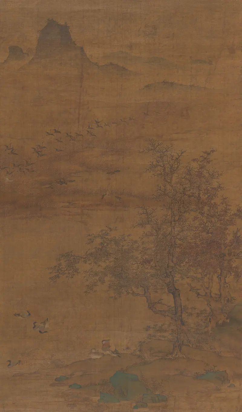 Flight of Geese, ink and color on silk by Unknown Artist, depicting graceful geese in a tranquil landscape.
