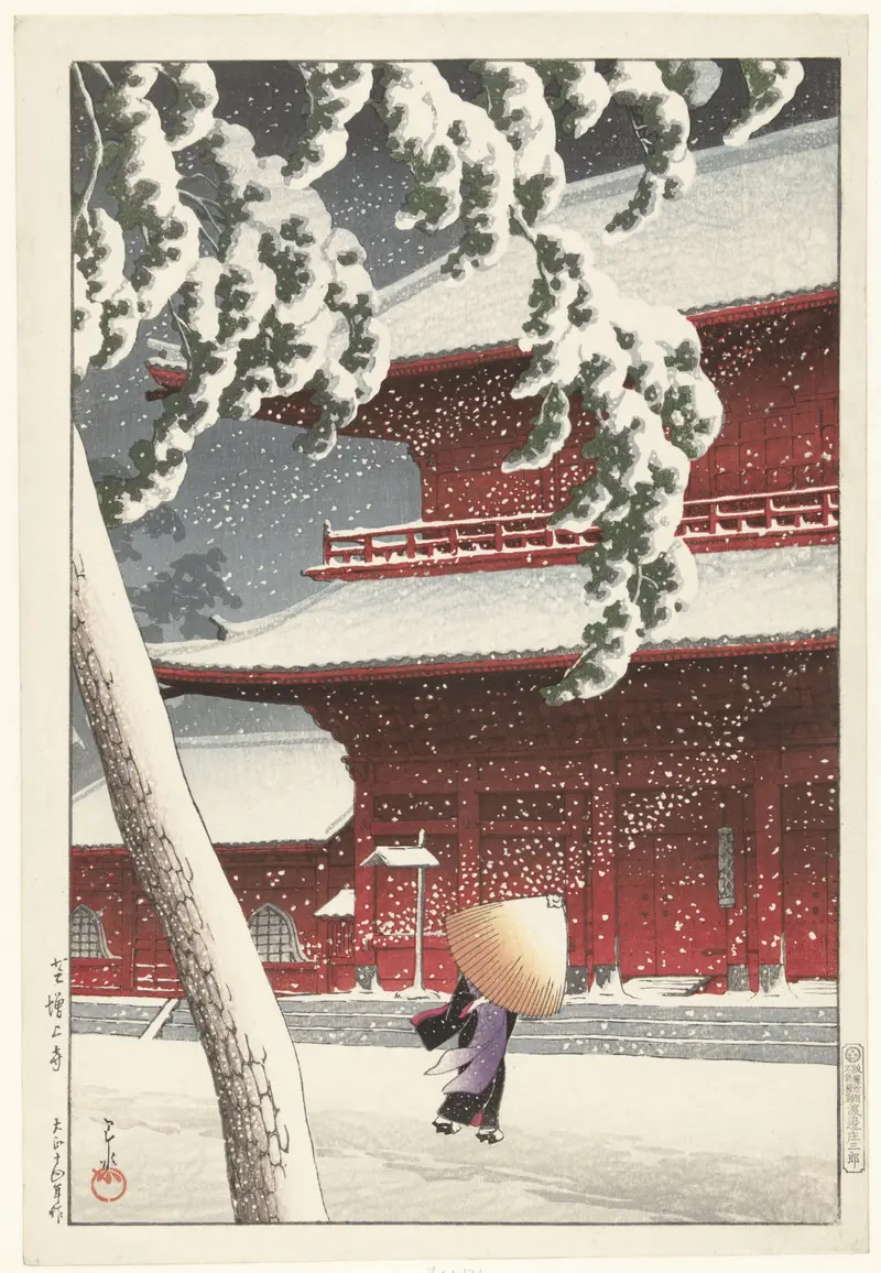 Ukiyo-e by Kawase Hasui depicting Shiba Zojoji Temple architecture