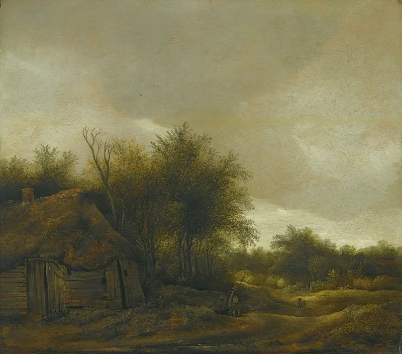 A dune landscape with figures on a sandy path near a cottage, oil painting by Guillam Dubois.