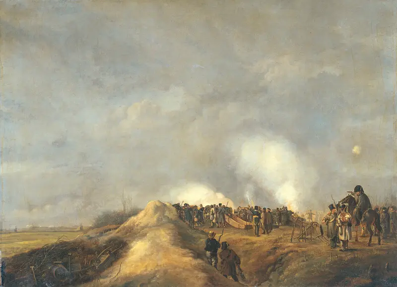 The Bombardment of Naarden, oil painting by Pieter Gerardus van Os, depicting ruins and smoke.