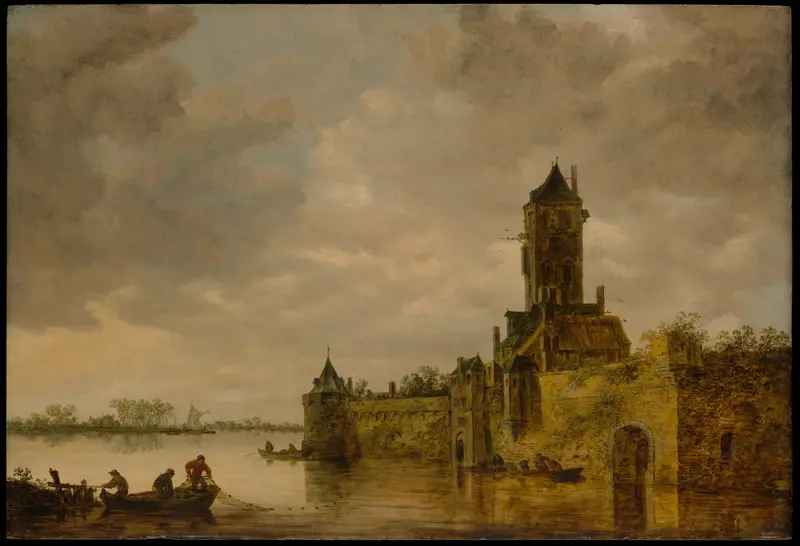 Castle by a River, oil painting by Jan van Goyen depicting a tranquil landscape with a castle and river.