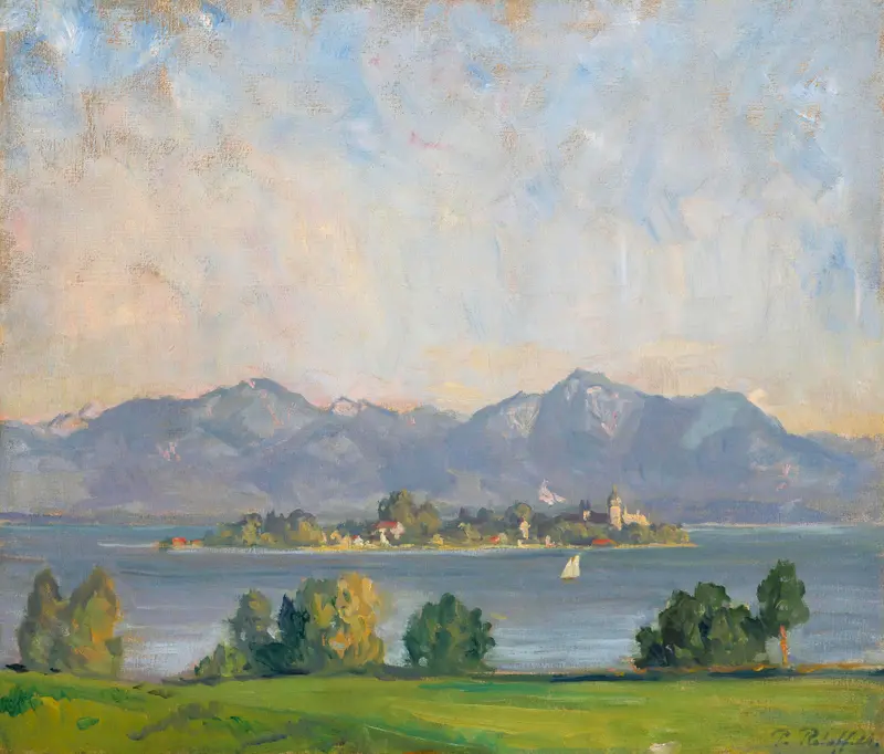 Blick auf Frauenchiemsee by Paul Roloff, oil on canvas depicting a tranquil lake and mountains.