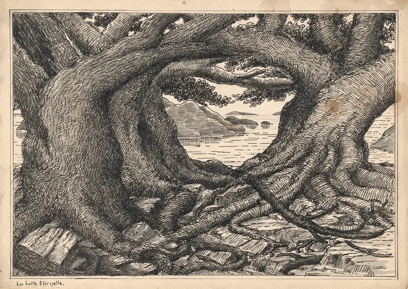 La Lutte Eternelle by Herbert Crowley, ink on paper, featuring intertwined figures with dynamic colors.