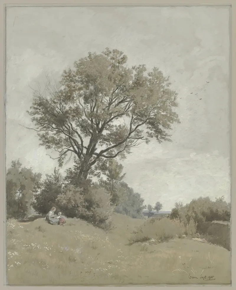 Mother and child sitting on grass, oil painting by Philipp Röth